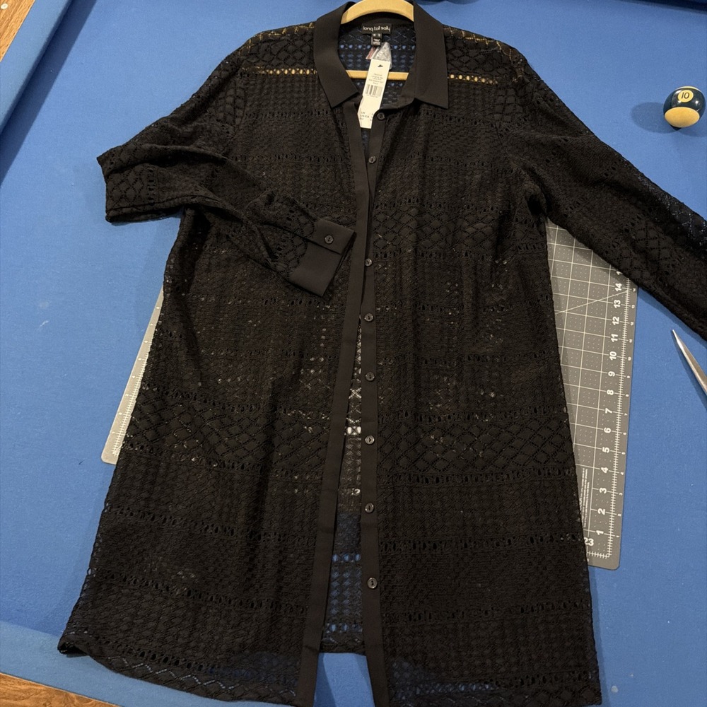 Long Tall Sally Shirt Size 18 Black Longline Geo Lace Boho Open-Knit - NWOT - Picture 7 of 11